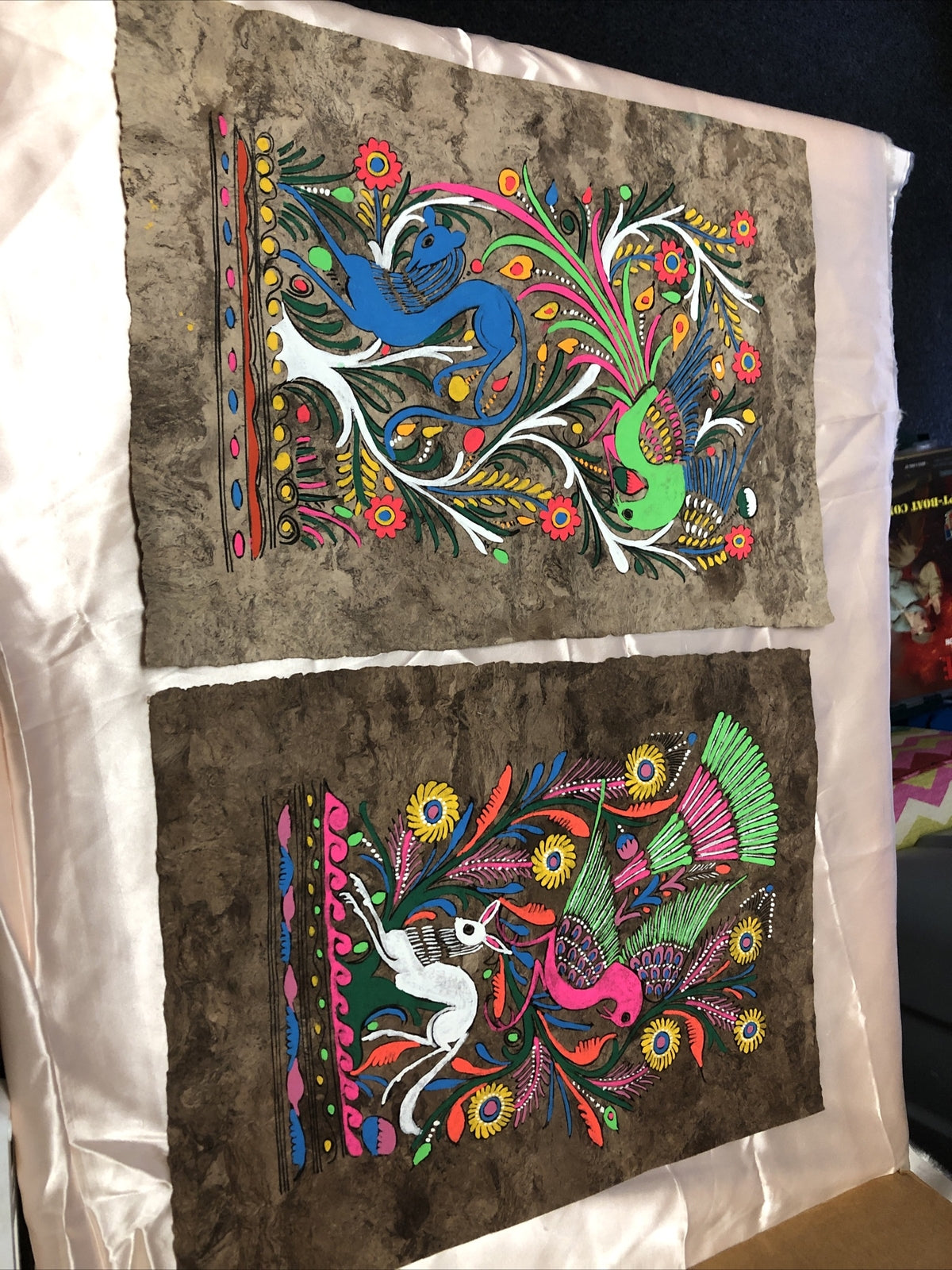 Vintage Amate Bark Paintings 16.5”x12” Hand Painted Folk Art Bird and Flowers0