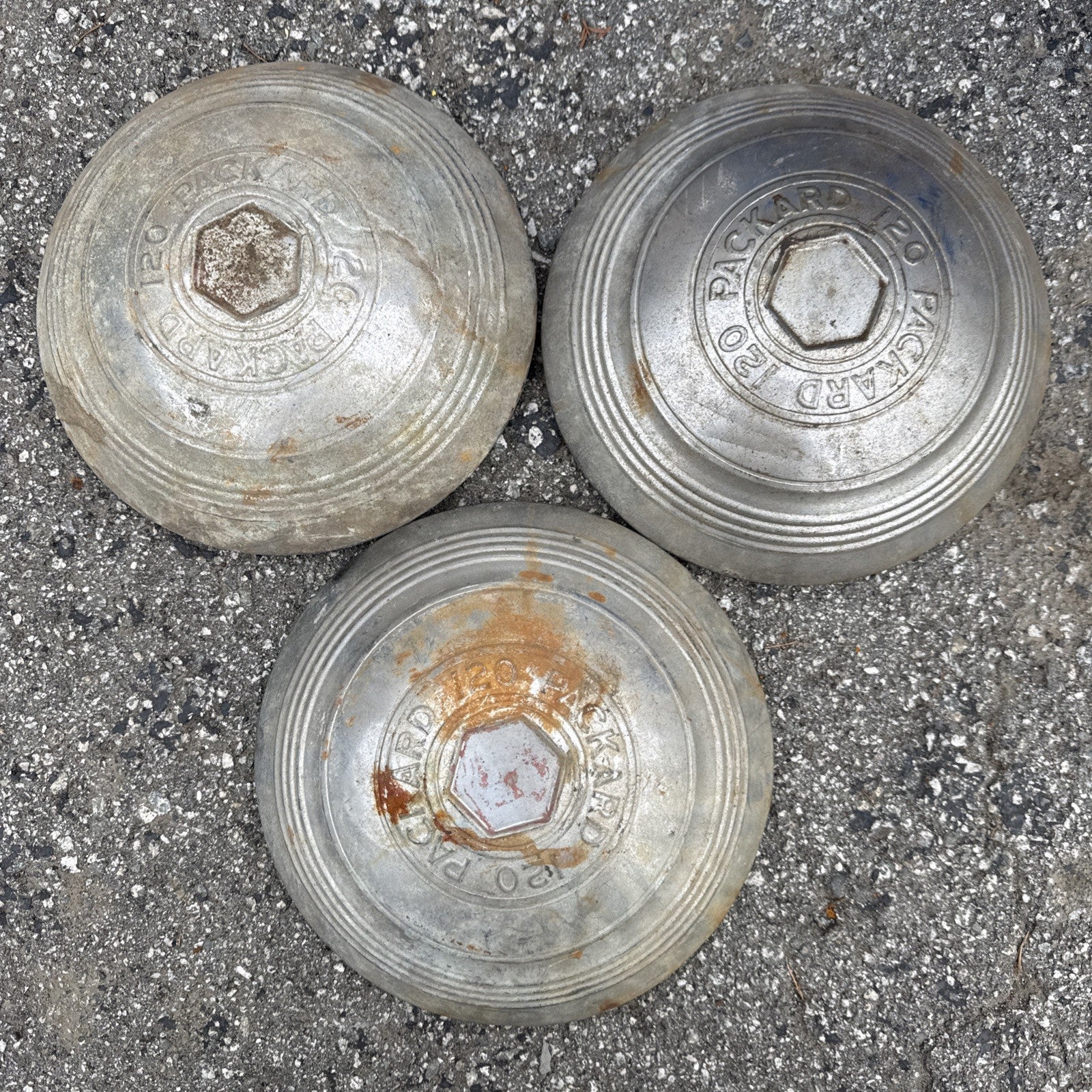 1937-39 model PACKARD 120 HUB CAP, Set of 3  10” diameter, hexagonal emblem0