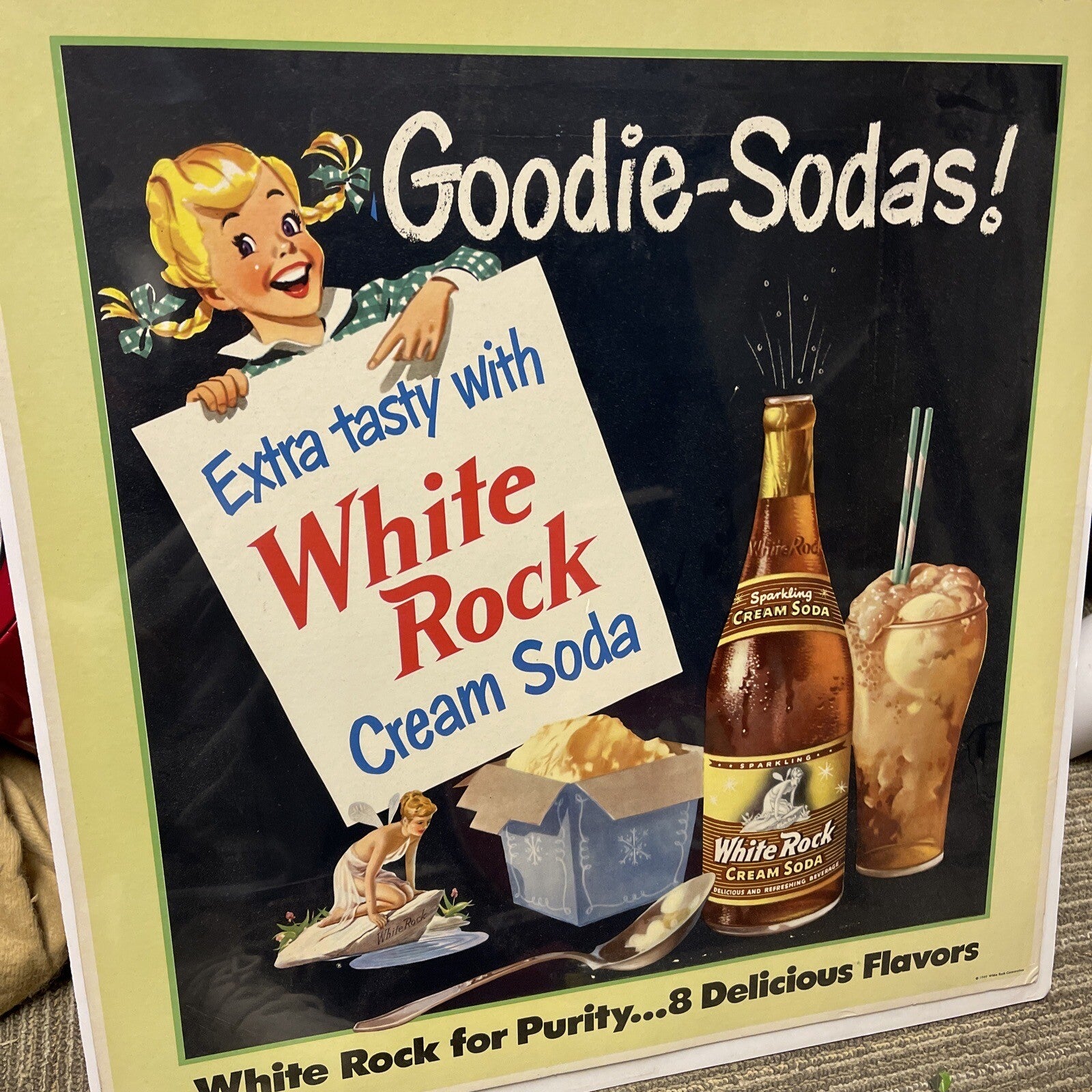 Original Vintage 1949 White Rock Cream Soda Cardboard Not Porcelain Sign 21”x22”0