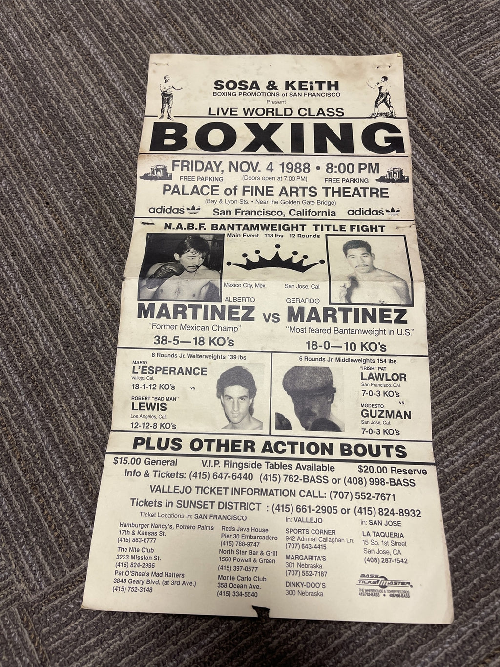 Vintage 1988 Pat Lawlor  Alberto Martinez Fight Boxing Flyer 21 X 10.5” Poster0