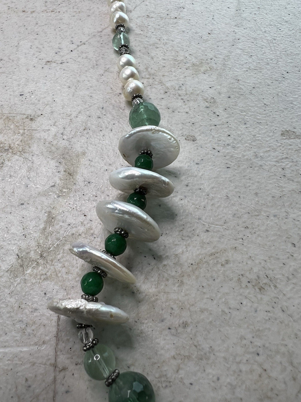 Vintage Green & Pearl Beaded Necklace w/ Shell Discs, 16.5" Handmade Clasp3