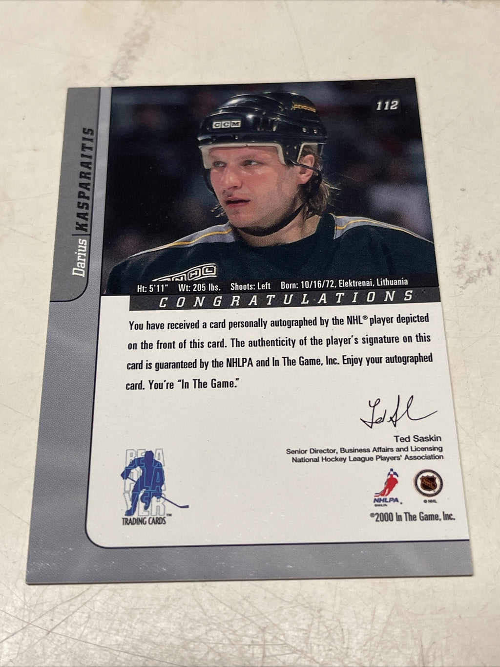 Darius Kasparaitis 2000-01 Rc On Card Auto Signature Series In The Game1