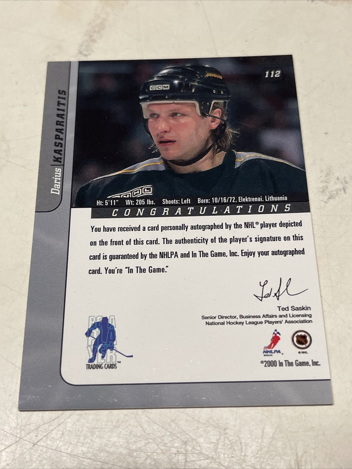 Darius Kasparaitis 2000-01 Rc On Card Auto Signature Series In The Game1
