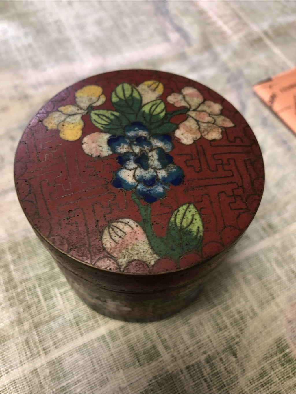 Antique Chinese Cloisonne Metal Tea Caddy 3”x3”1
