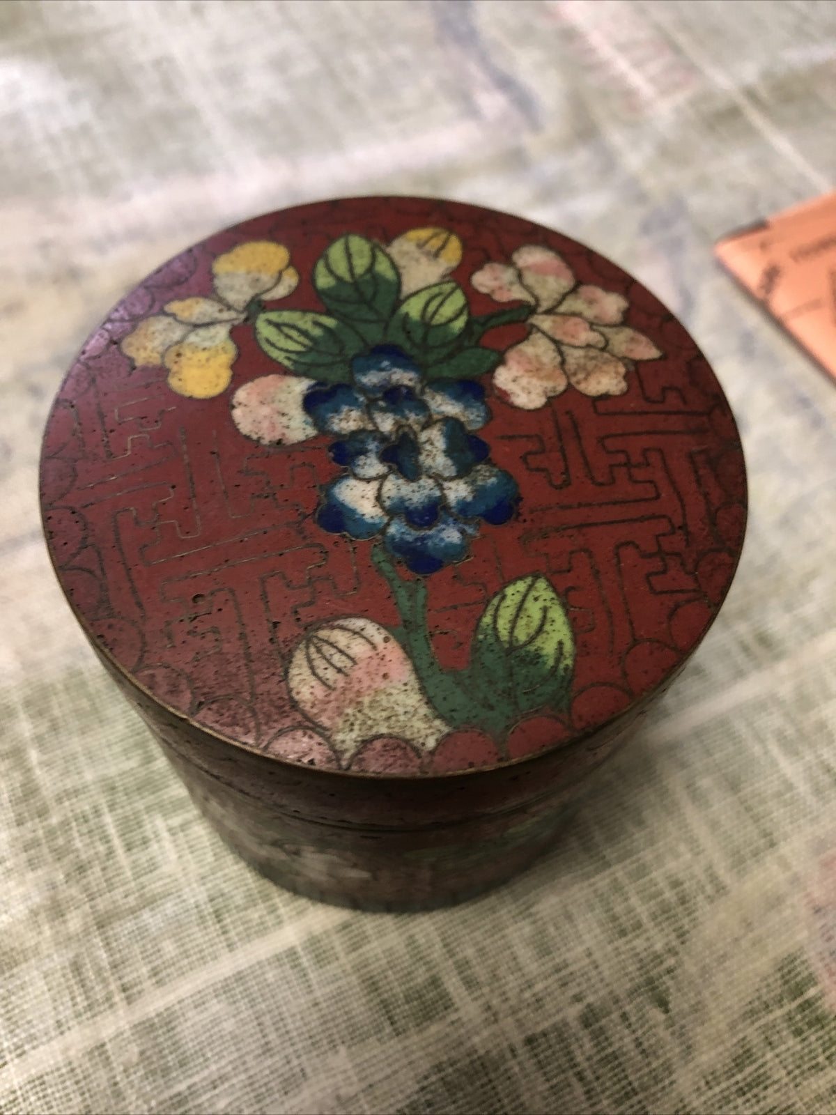 Antique Chinese Cloisonne Metal Tea Caddy 3”x3”1