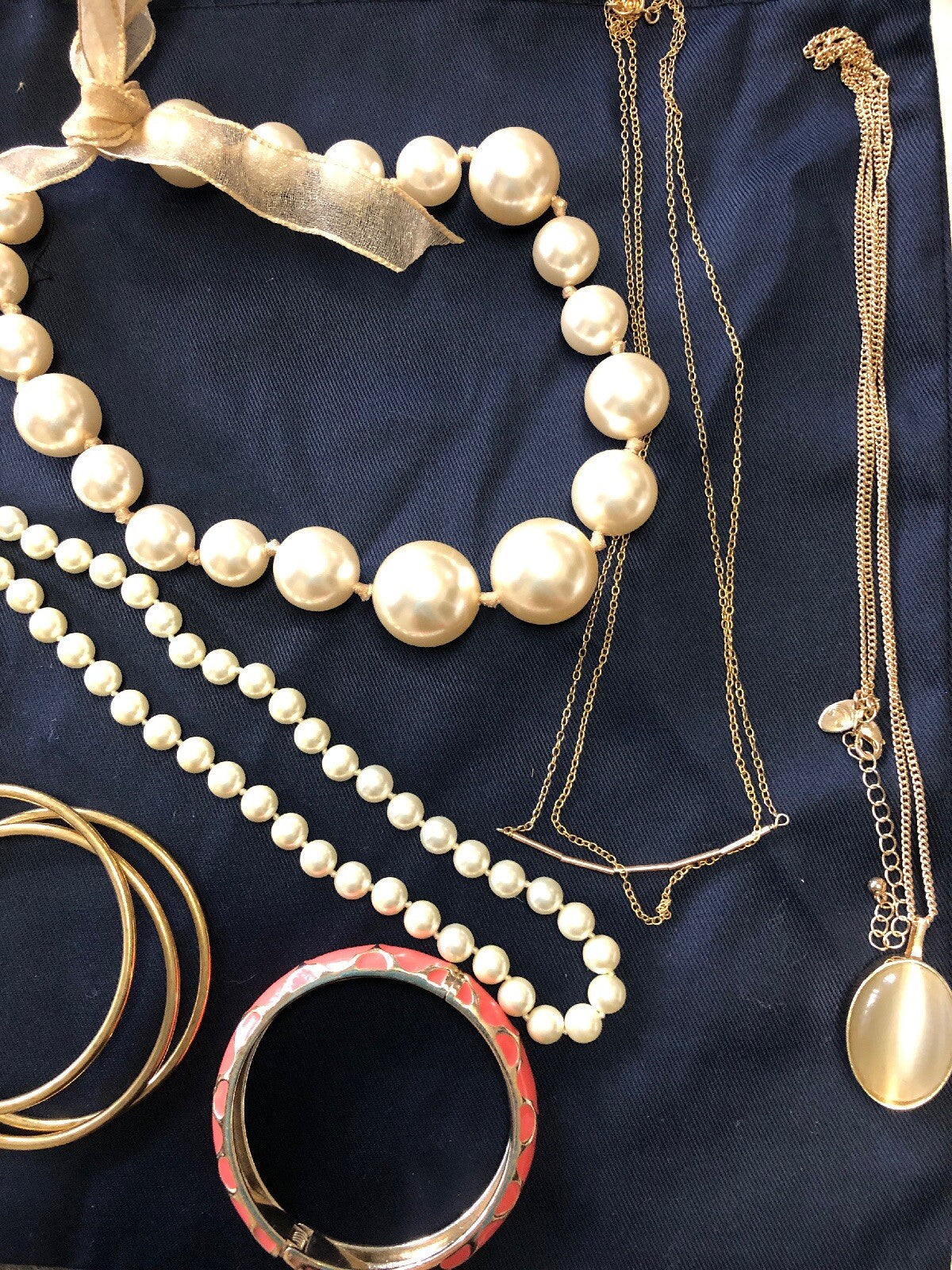Gold tone metal jewelry lot, necklace, brooch/earrings, Bracelet, Peal, Opal2