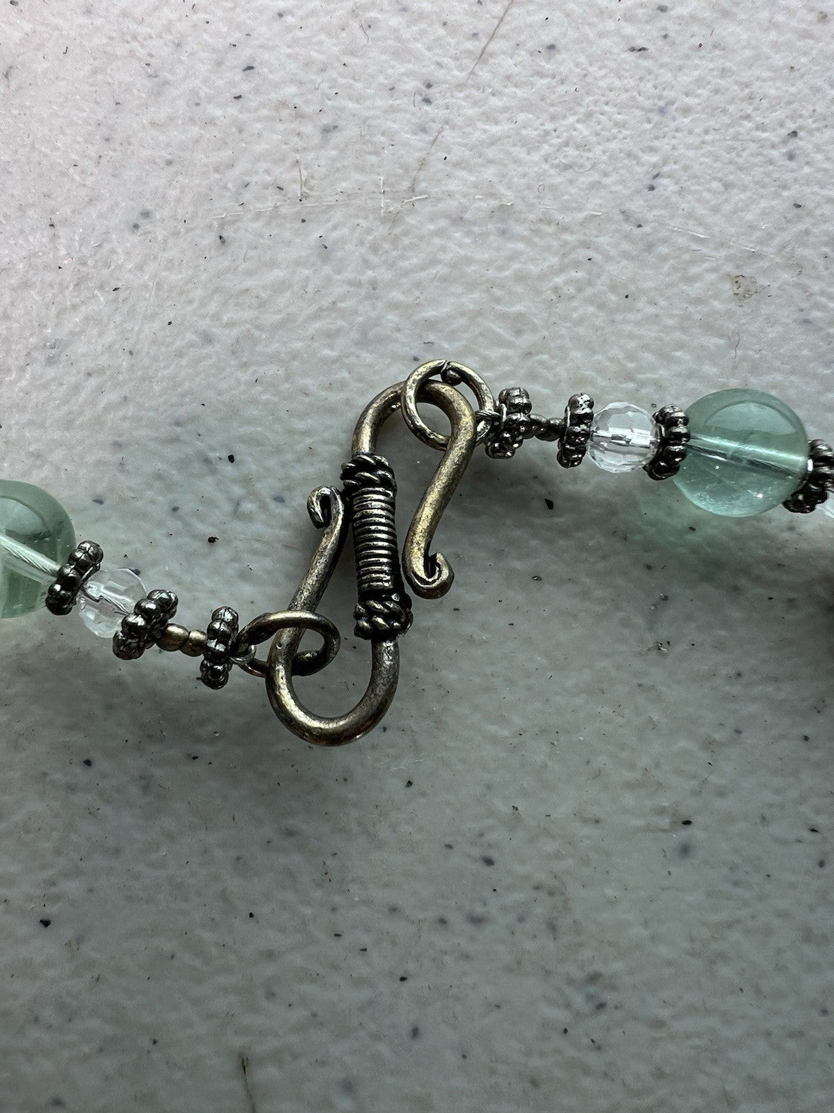 Vintage Green & Pearl Beaded Necklace w/ Shell Discs, 16.5" Handmade Clasp1