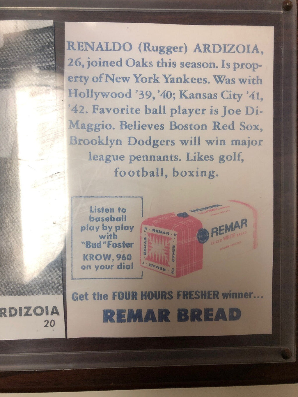 Vintage Renaldo Rugger Ardizoia Framed Newspaper New York Yankees Bread Ad 14x122