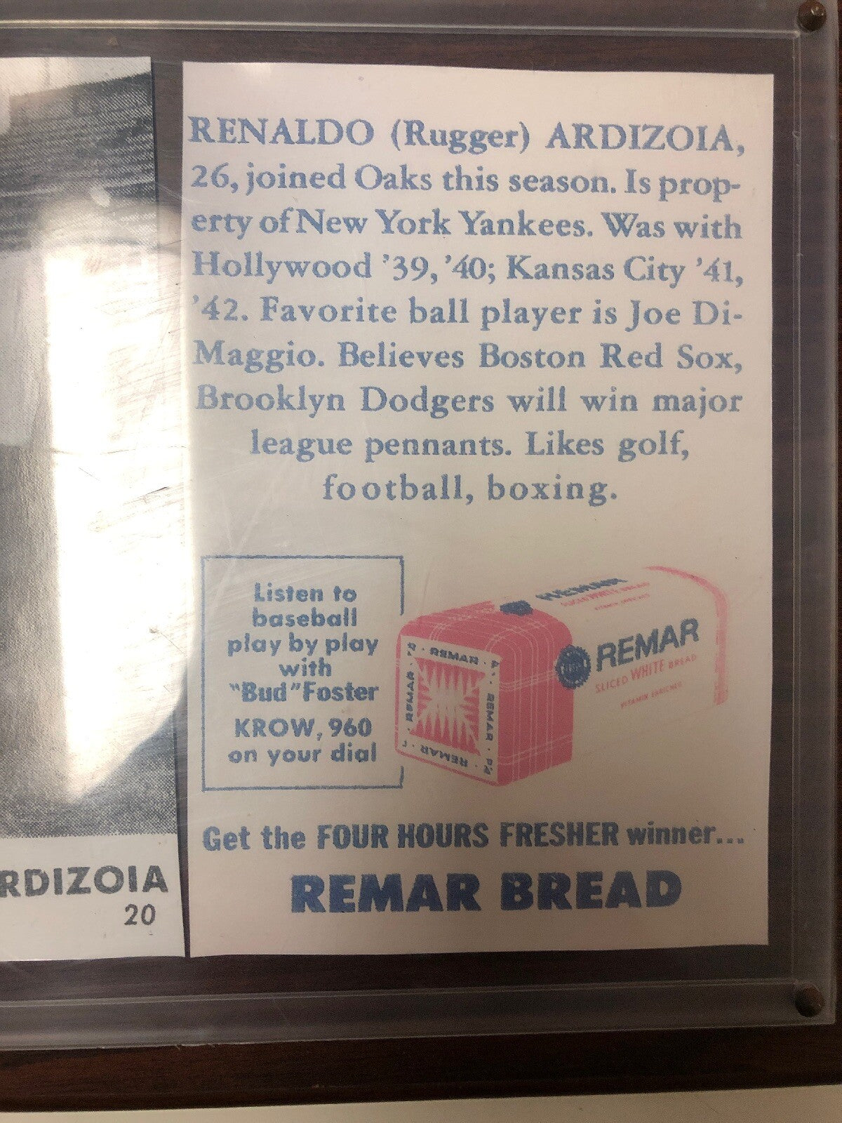 Vintage Renaldo Rugger Ardizoia Framed Newspaper New York Yankees Bread Ad 14x122