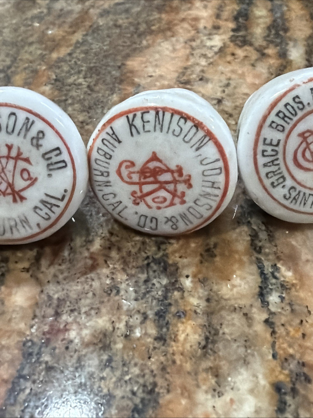 3 Pre-Prohibition Porcelain Beer Bottle Stopper Grace Bros Santa Rosa Auburn CA2