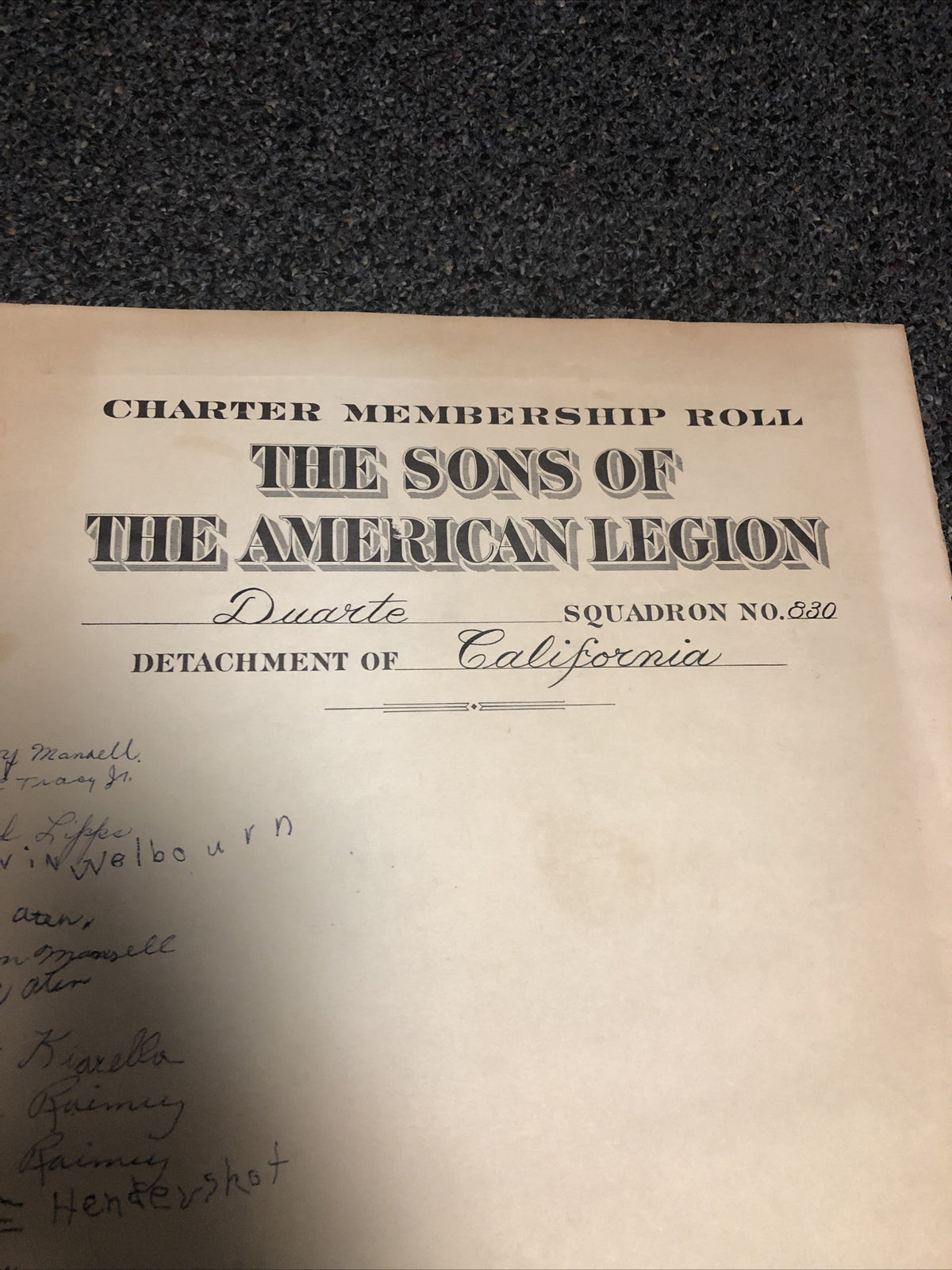 RARE Charter Membership Roll The Sons Of The American Legion Squadron No. 830 CA2