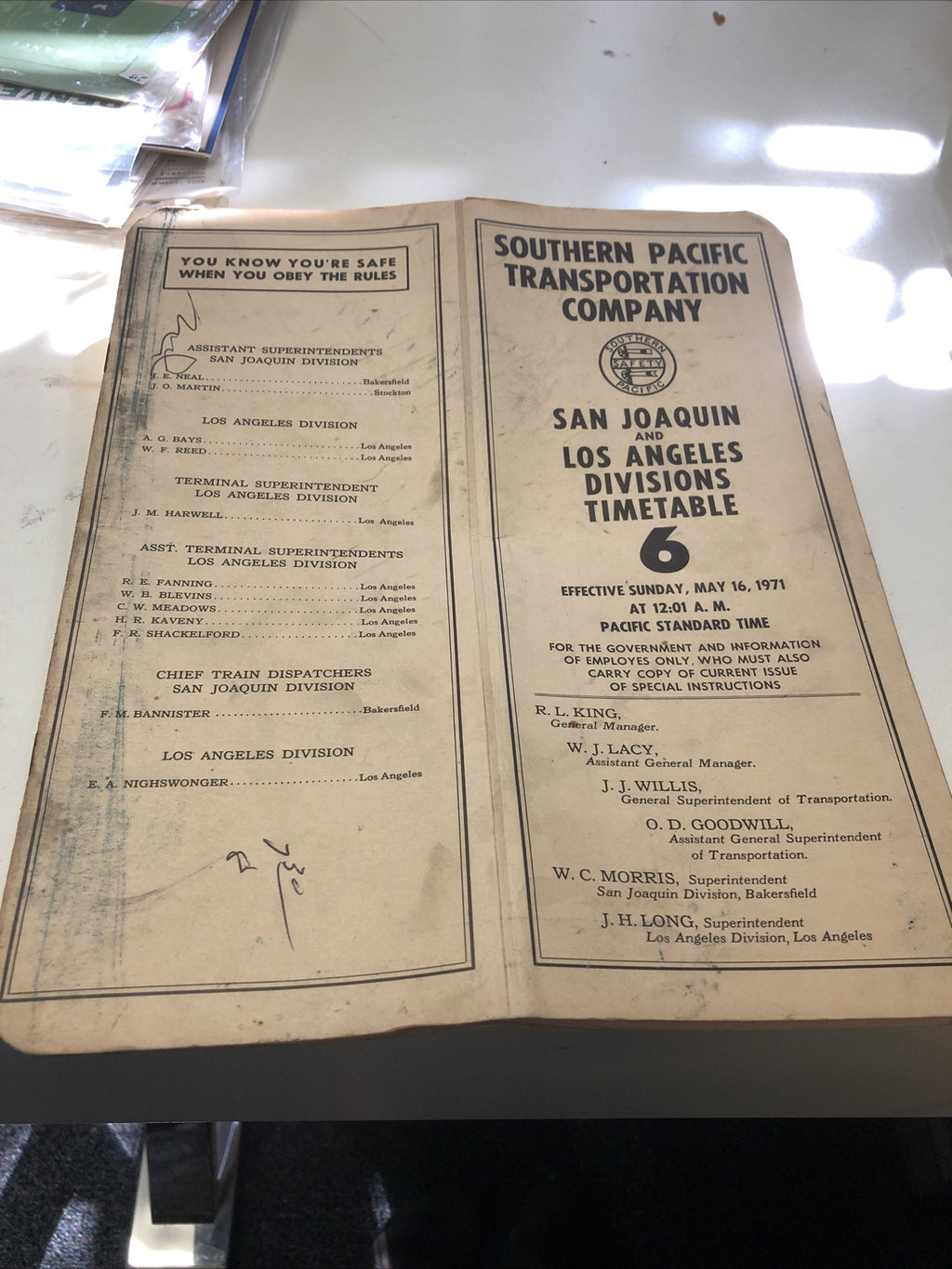 1971 Southern Pacific Company San Joaquin & Los Angeles Division Timetable #63
