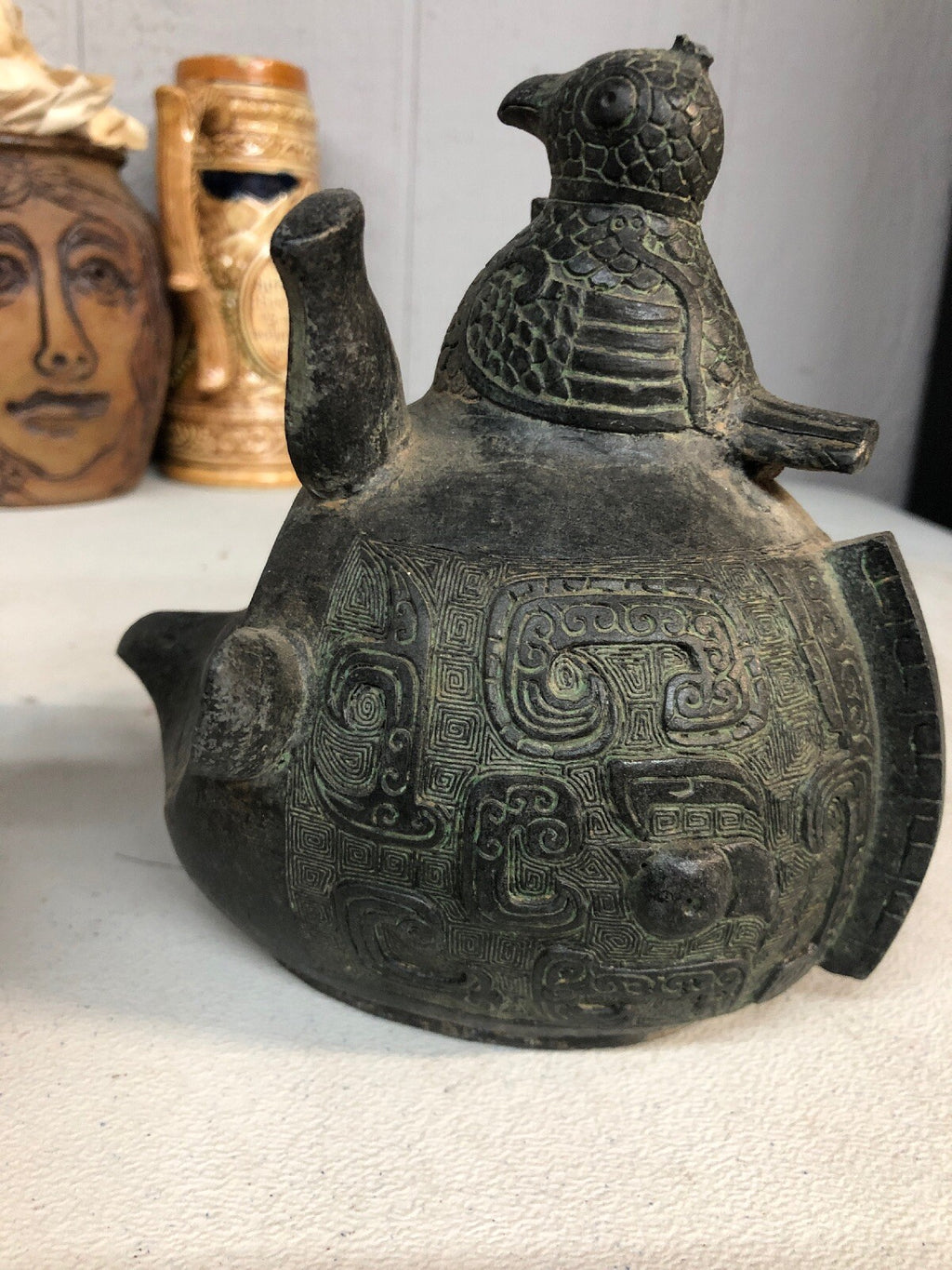 Vintage Asian Or Egyptian Or South American Metal Owl Hawk W Bird Head.5