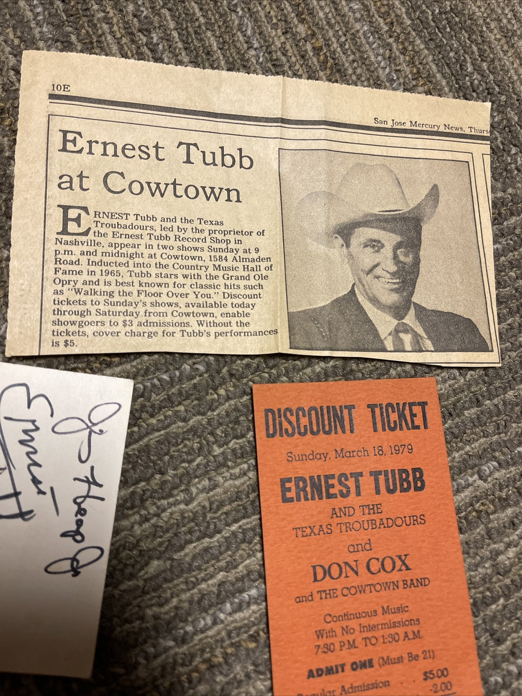 ERNEST TUBB (1921-1991) signed Business Card Cowtown San Jose Ca 19793