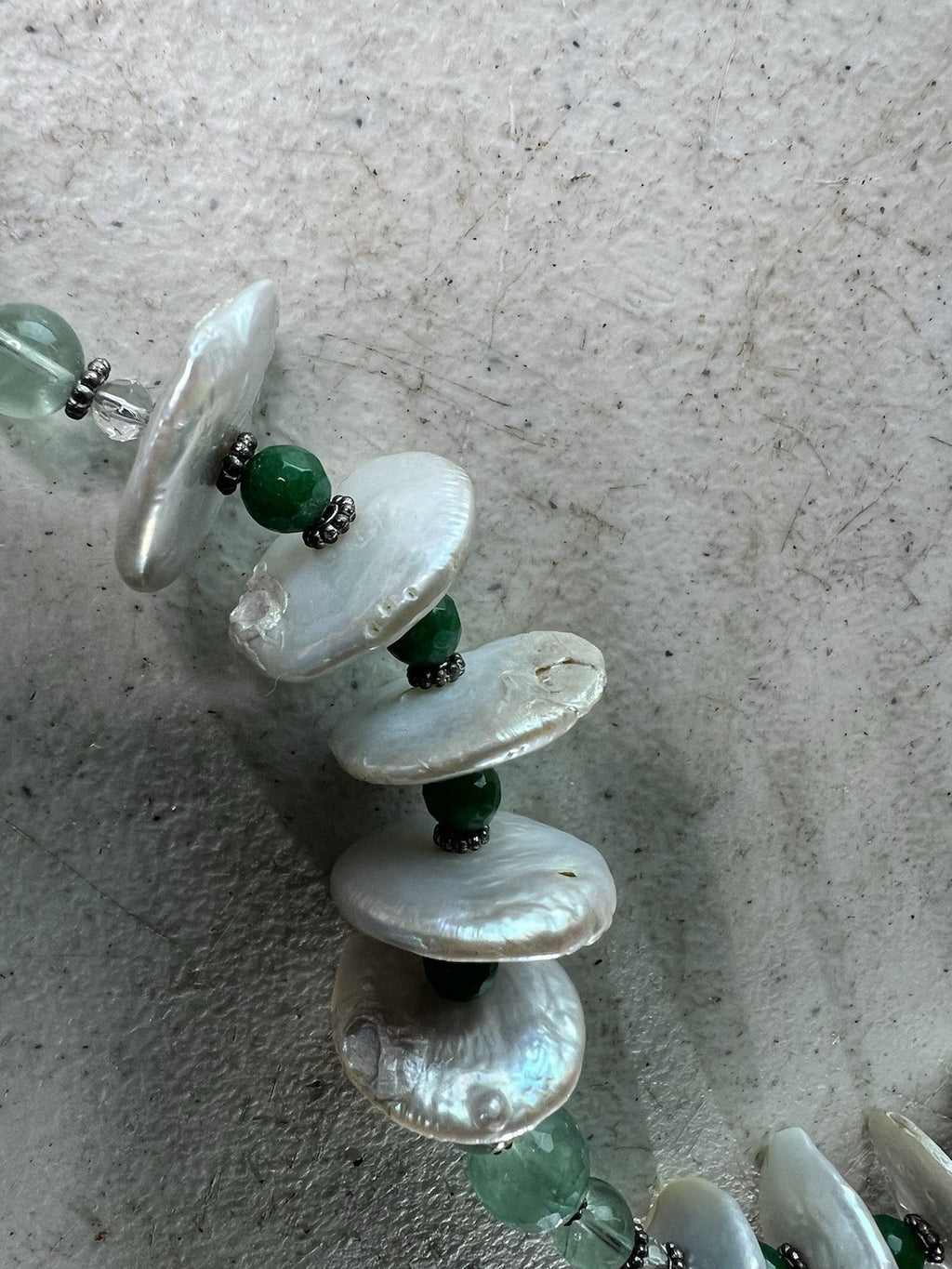 Vintage Green & Pearl Beaded Necklace w/ Shell Discs, 16.5" Handmade Clasp2