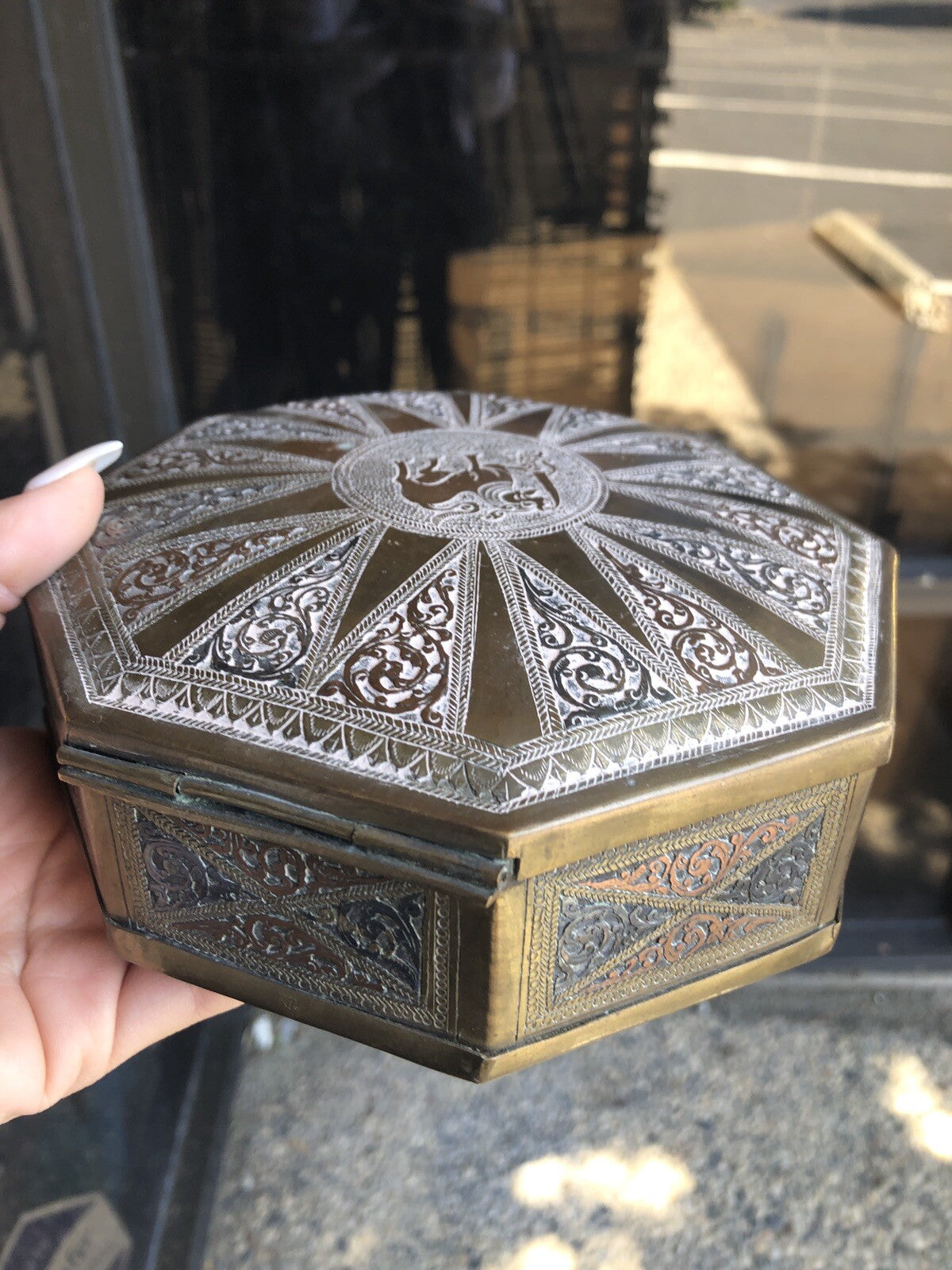 Antique Brass Asian Hexagon Box 7”x2” Jewelry Box6