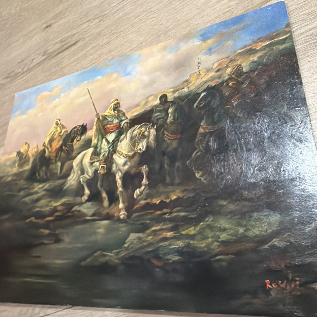 OLD ANTIQUE Ottoman ARAB LANDSCAPE OIL PAINTING Horse MAN MUSLIM Warrior Caravan12