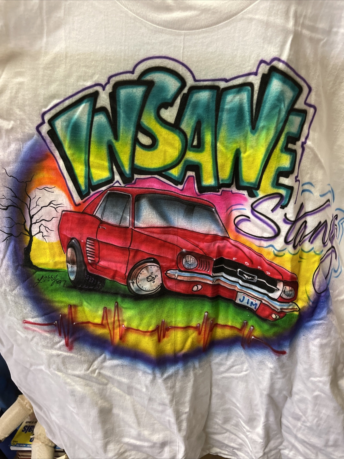 Vintage 90s Insane Stangs Ford Mustang Short sleeve Airbrushed XL Tshirt Signed0