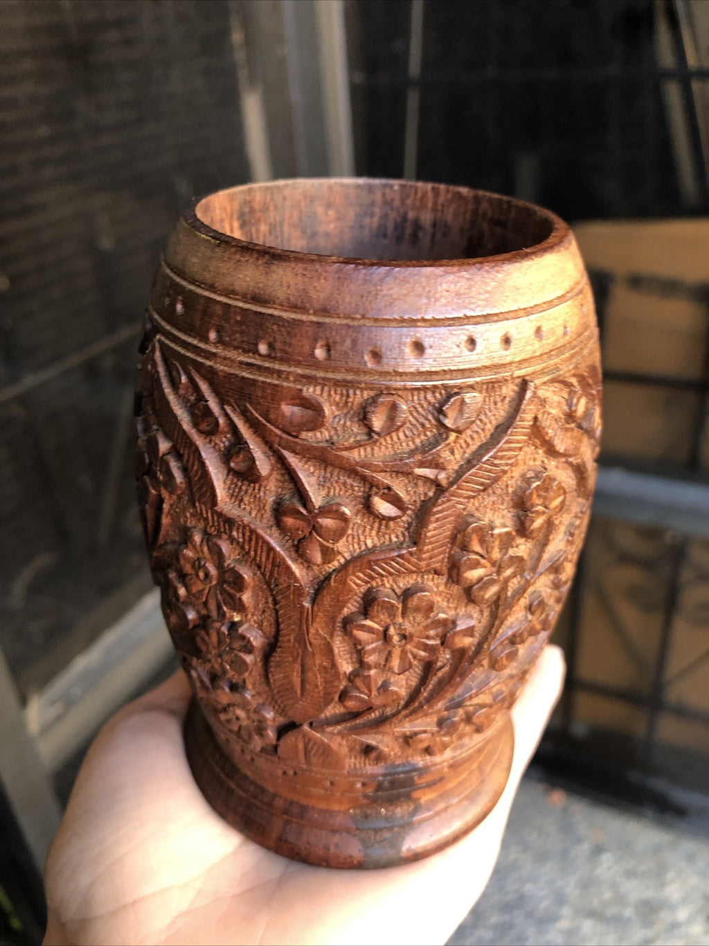 Vintage Hand Carved Wooden Cup Flower Design 4.5”x3”0