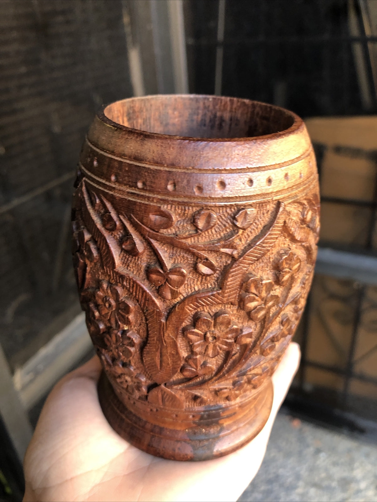 Vintage Hand Carved Wooden Cup Flower Design 4.5”x3”0