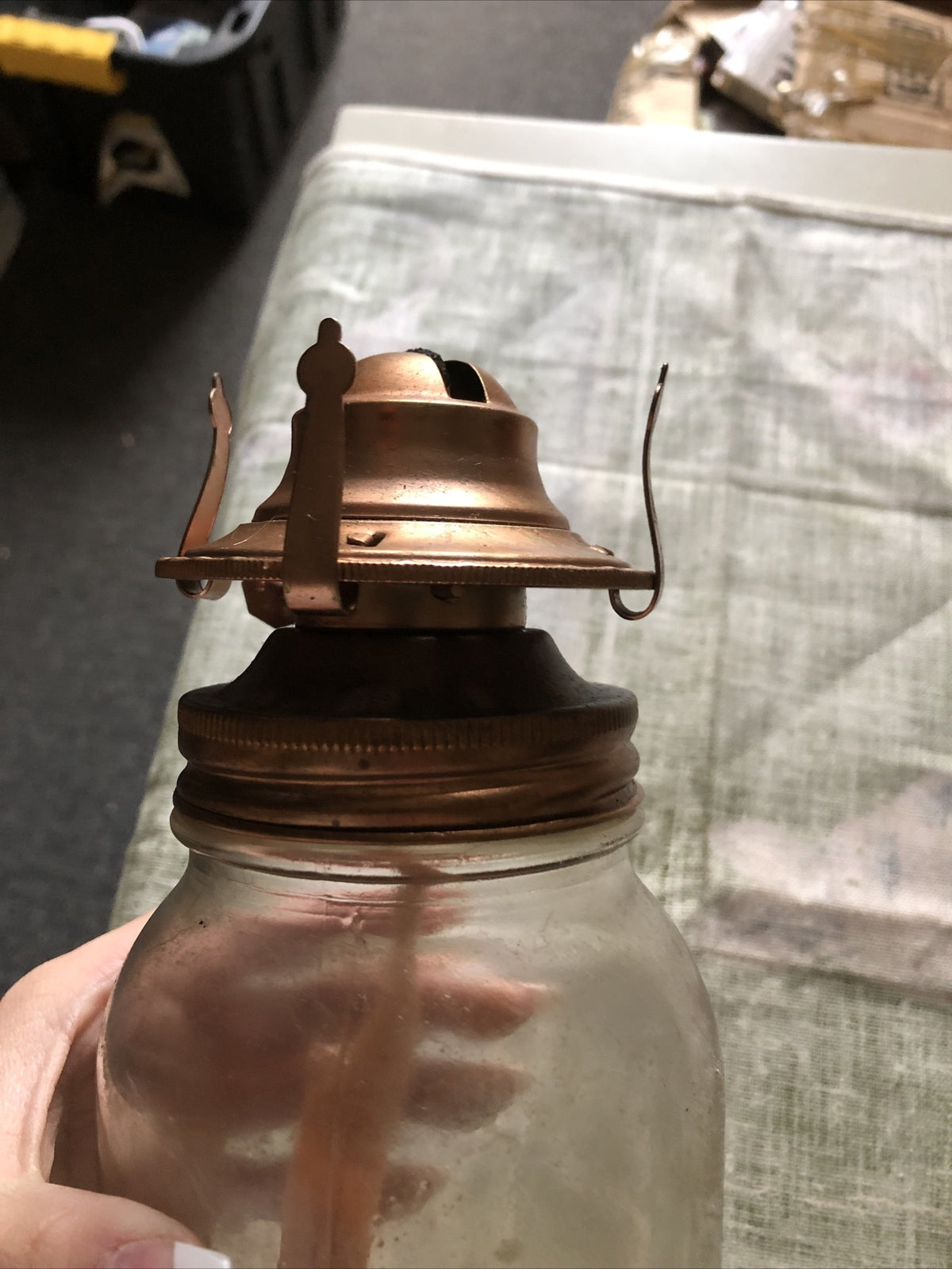 Vintage Mason Jar Oil Lamp Burner Screw On with Wick on Kerr Self Sealing Mason4