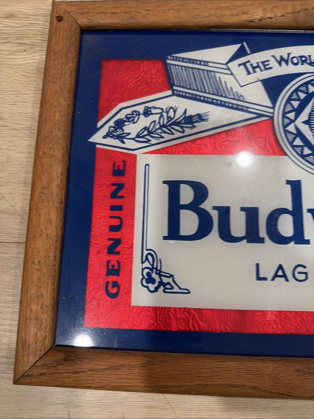 Vintage 1980s Budweiser World Renowne Wood Framed  Beer Sign 17.5" x 11.5 Unique1
