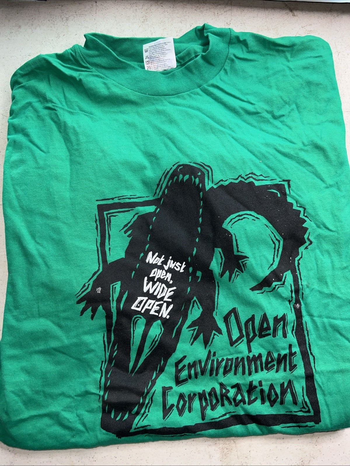 Vintage Open Environment Corporation T-Shirt XL 90s Tech Promo Green Graphic0