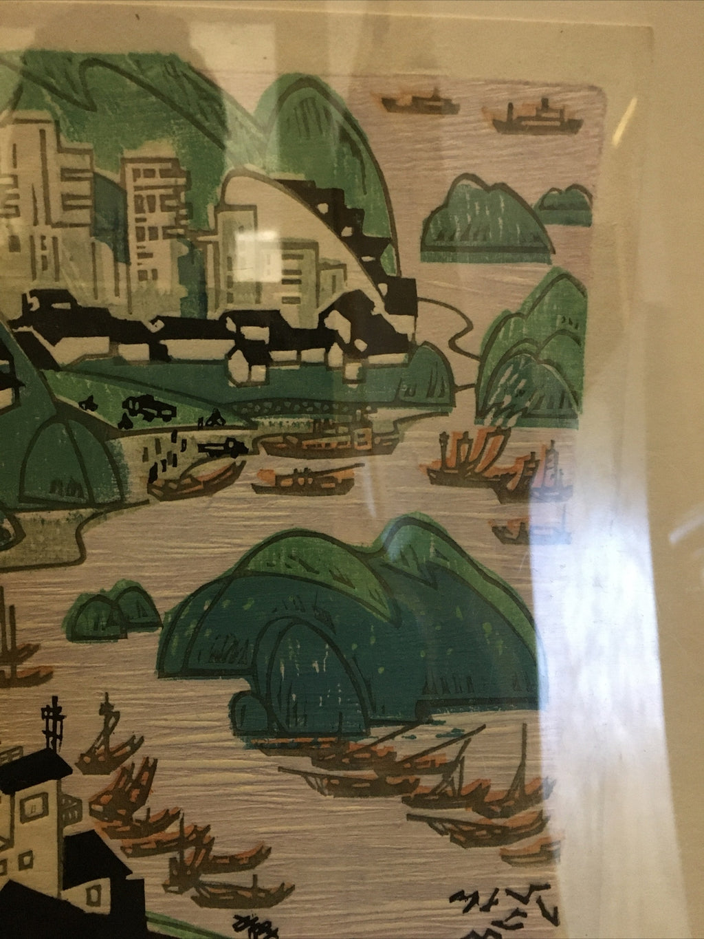 Antique Japanese Woodblock Big Print Signed 1967 Beautiful Colors Town Asian5