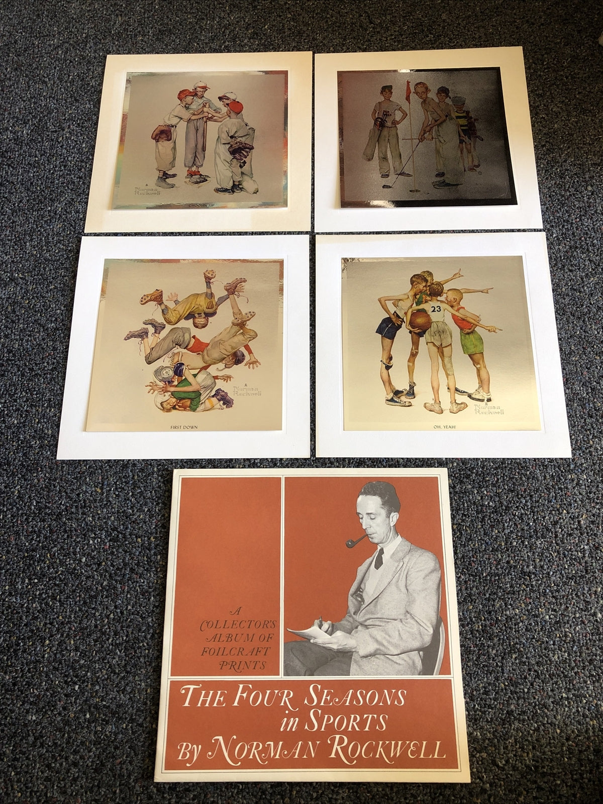 Vintage Norman Rockwell Foilcraft 4 piece print set, The Four Seasons in Sports0