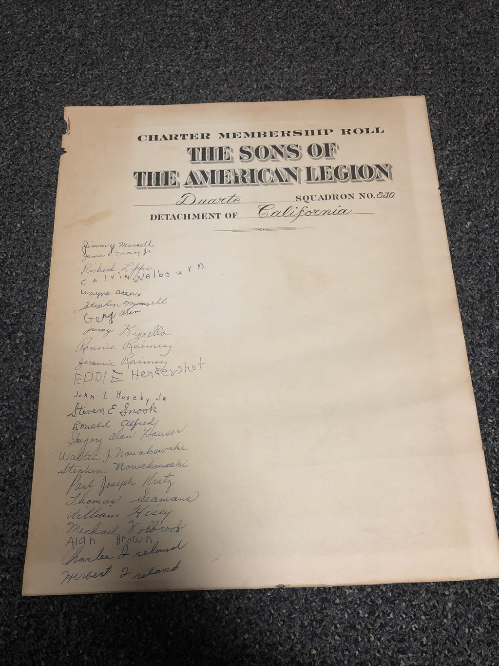 RARE Charter Membership Roll The Sons Of The American Legion Squadron No. 830 CA0