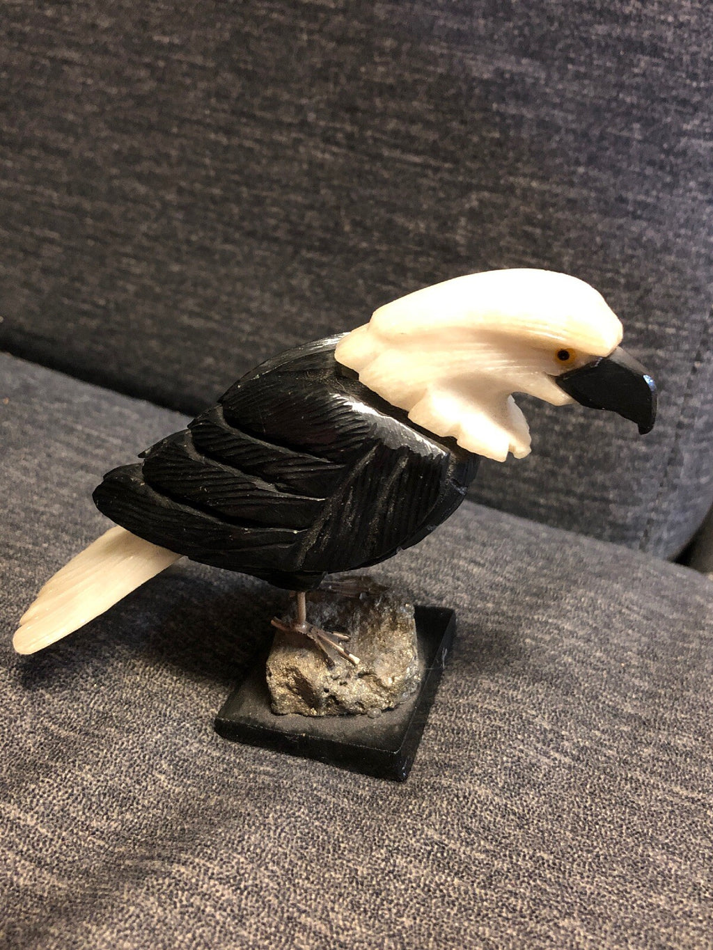 Black Onyx Snow Quartz Eagle Carved Bird Pyrite Crystal 3 1/2” Height, 4”W4