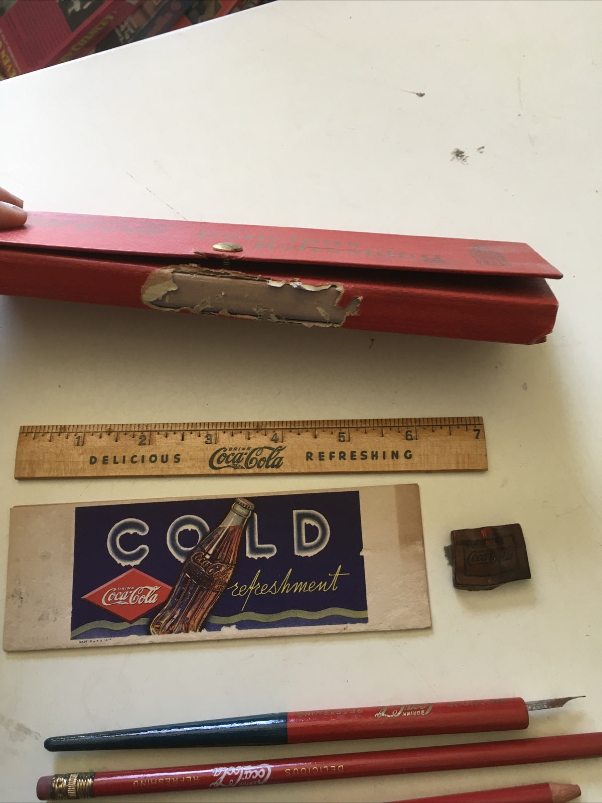 Rare 1937 COCA COLA COKE DELICIOUS REFRESHING PENCIL CASE With Pencils & Ruler1