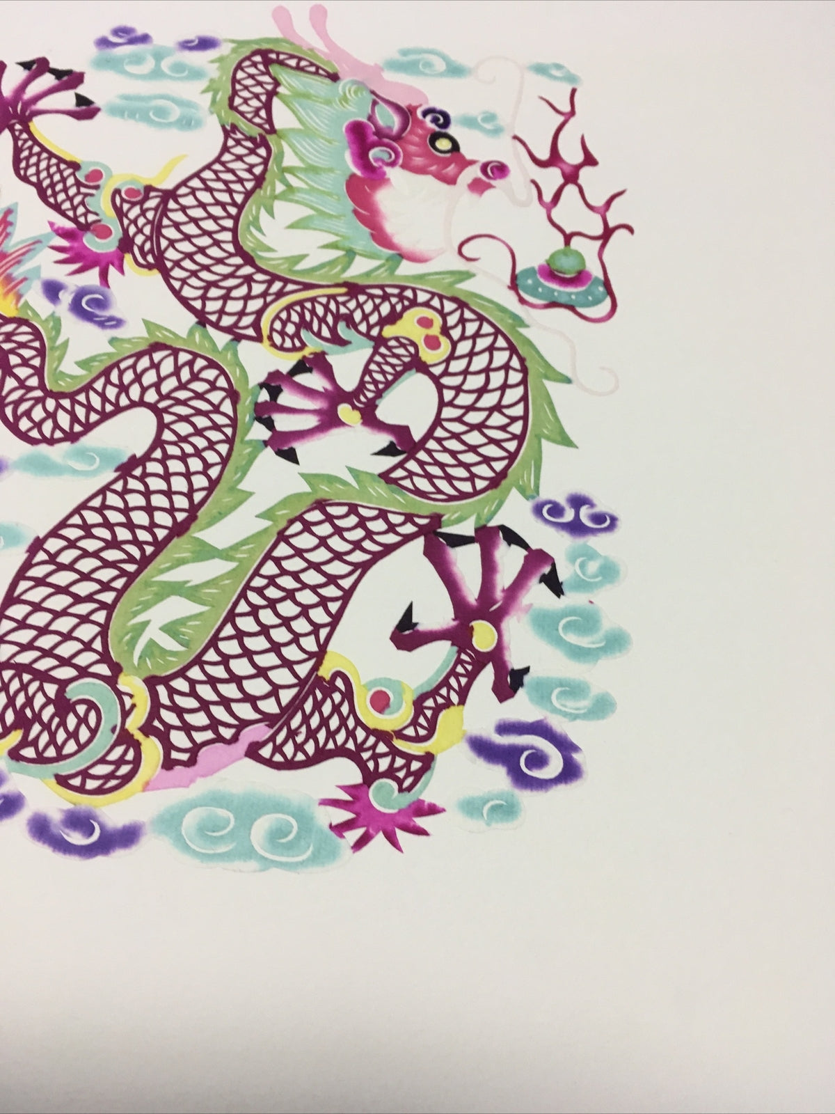 Antique Chinese paper cut detailed Hand Colored Dragon/Long With Pearl8