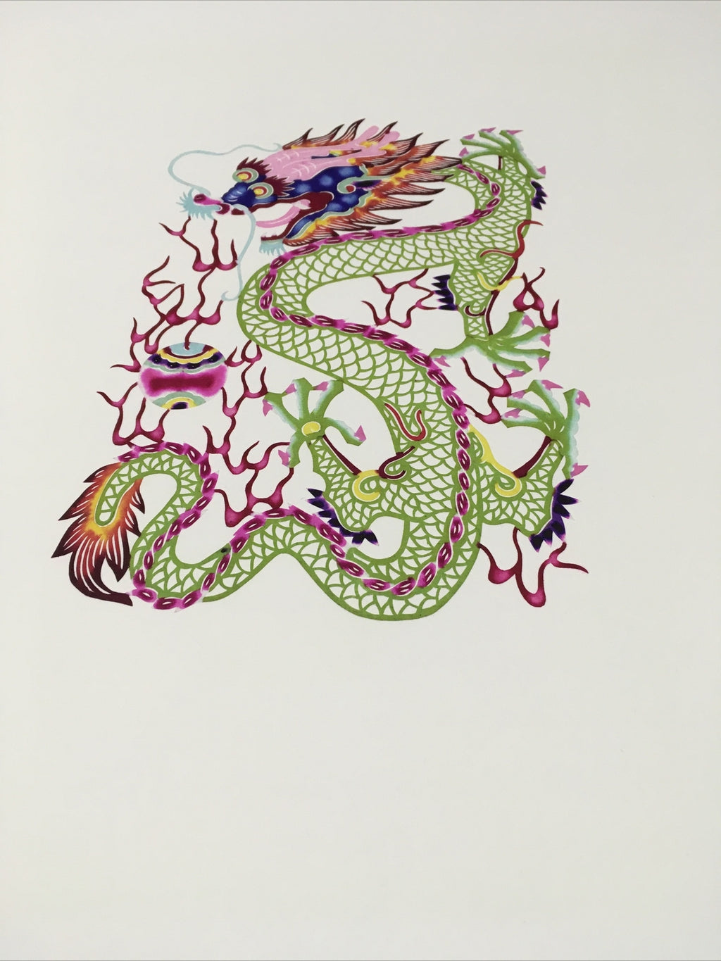 Antique Asian Chinese papercut detailed Hand Colored Dragon/Long With Ball 13x163