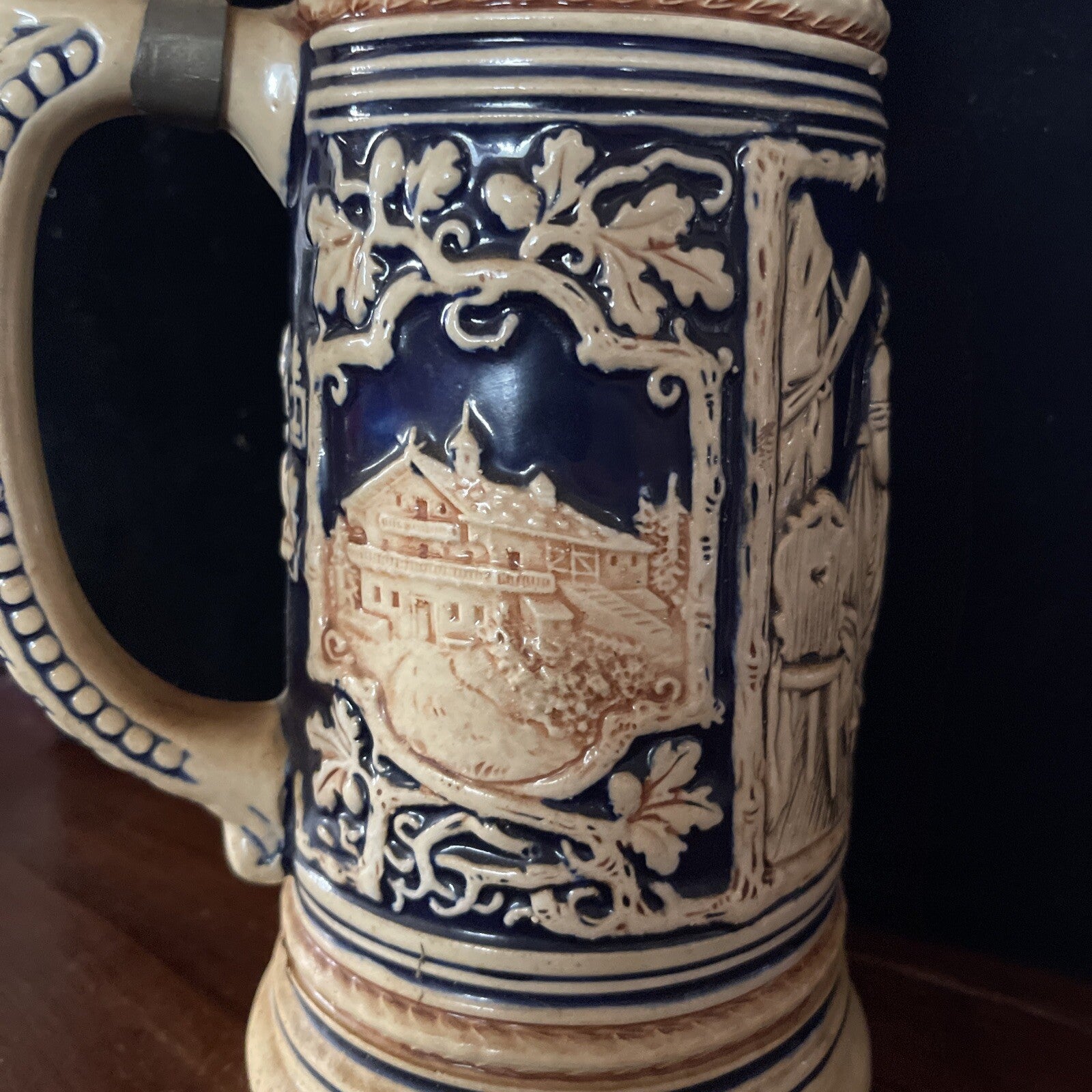 Antique German Germany pre WW1 signed Porcelain Lidded Beer Stein Mug 10.5”4