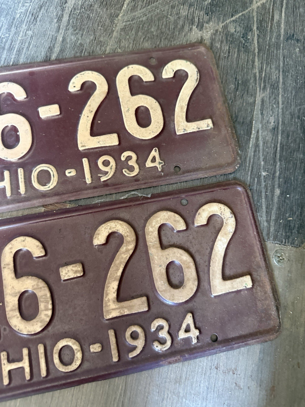Vintage 1934 Ohio License Plate Matching Pair - Original Maroon & White4