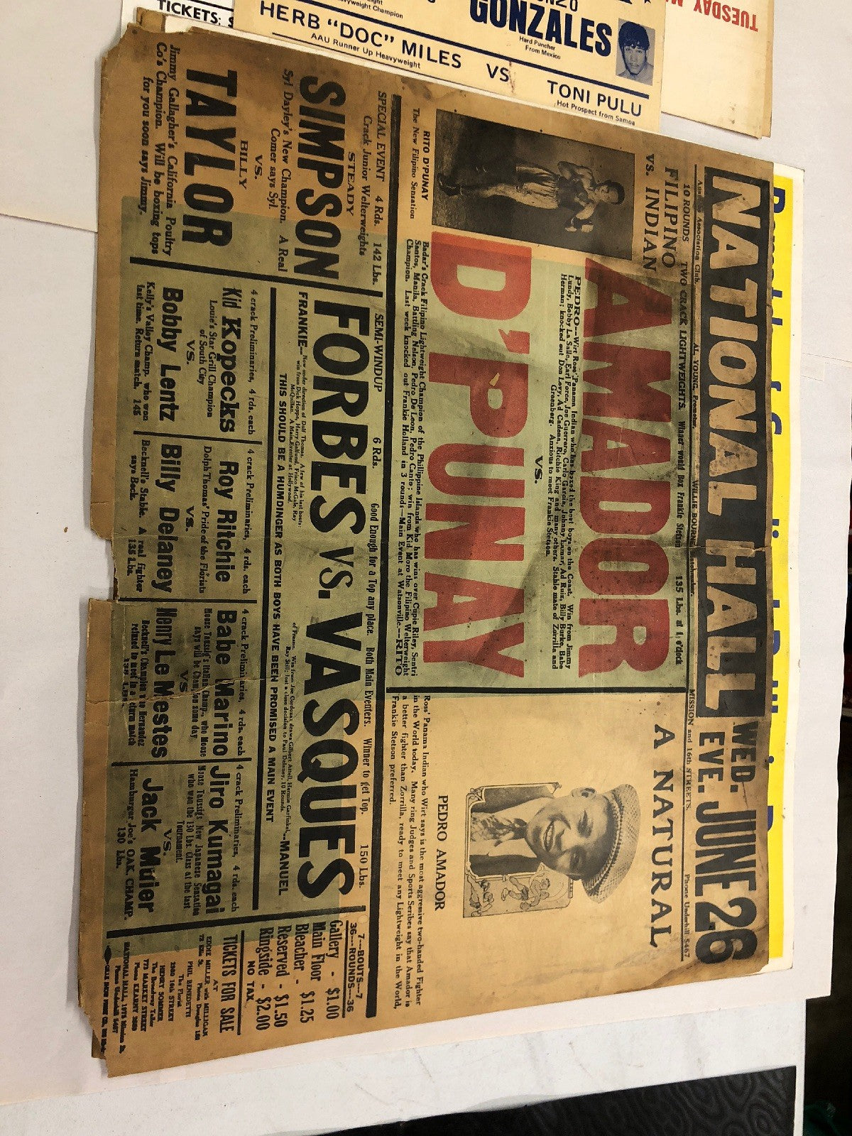 EXTREMELY RARE 1929 Pedro Amador Vs. D’Punay boxing poster onsite only one known0