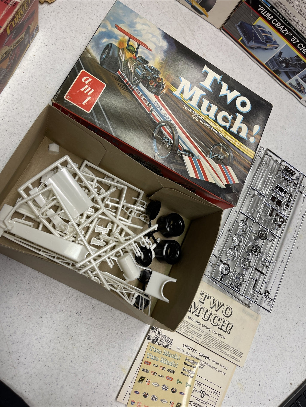 Original 1973 AMT T400 TWO MUCH DRAGSTER model kit Complete Unbuilt0