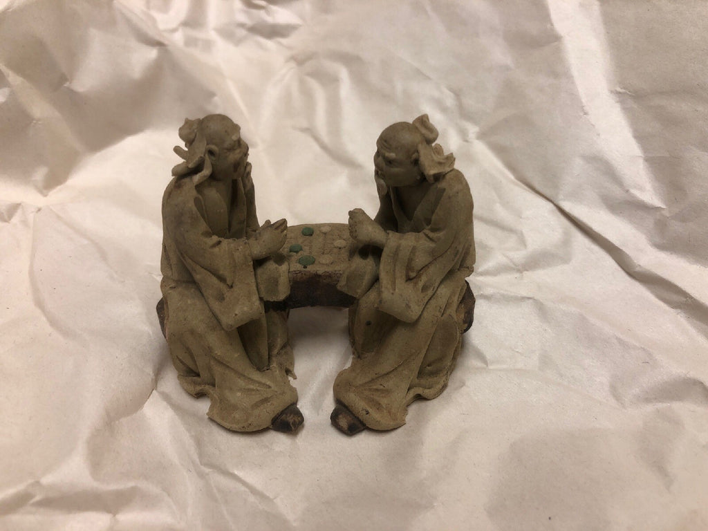 2 Lot Vintage Mudman Chinese Pottery Figurine Statue Men Playing Chess Checkers1