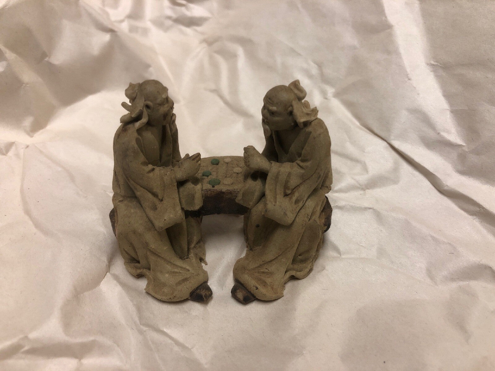 2 Lot Vintage Mudman Chinese Pottery Figurine Statue Men Playing Chess Checkers1