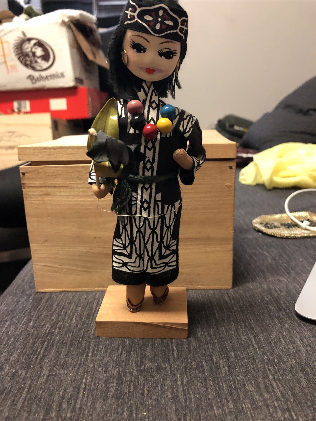 Vintage Japanese Fabric Girl Figurine 8 1/2"h  w/ wood base4