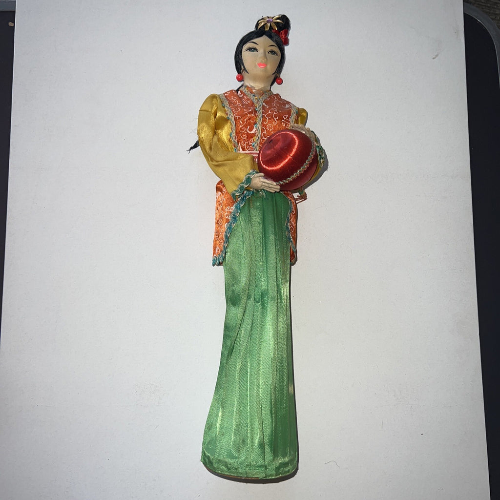 Lot of 3 Beautiful Antique Asian Folk Art Standing Dolls Handmade 16”,12”,7”7