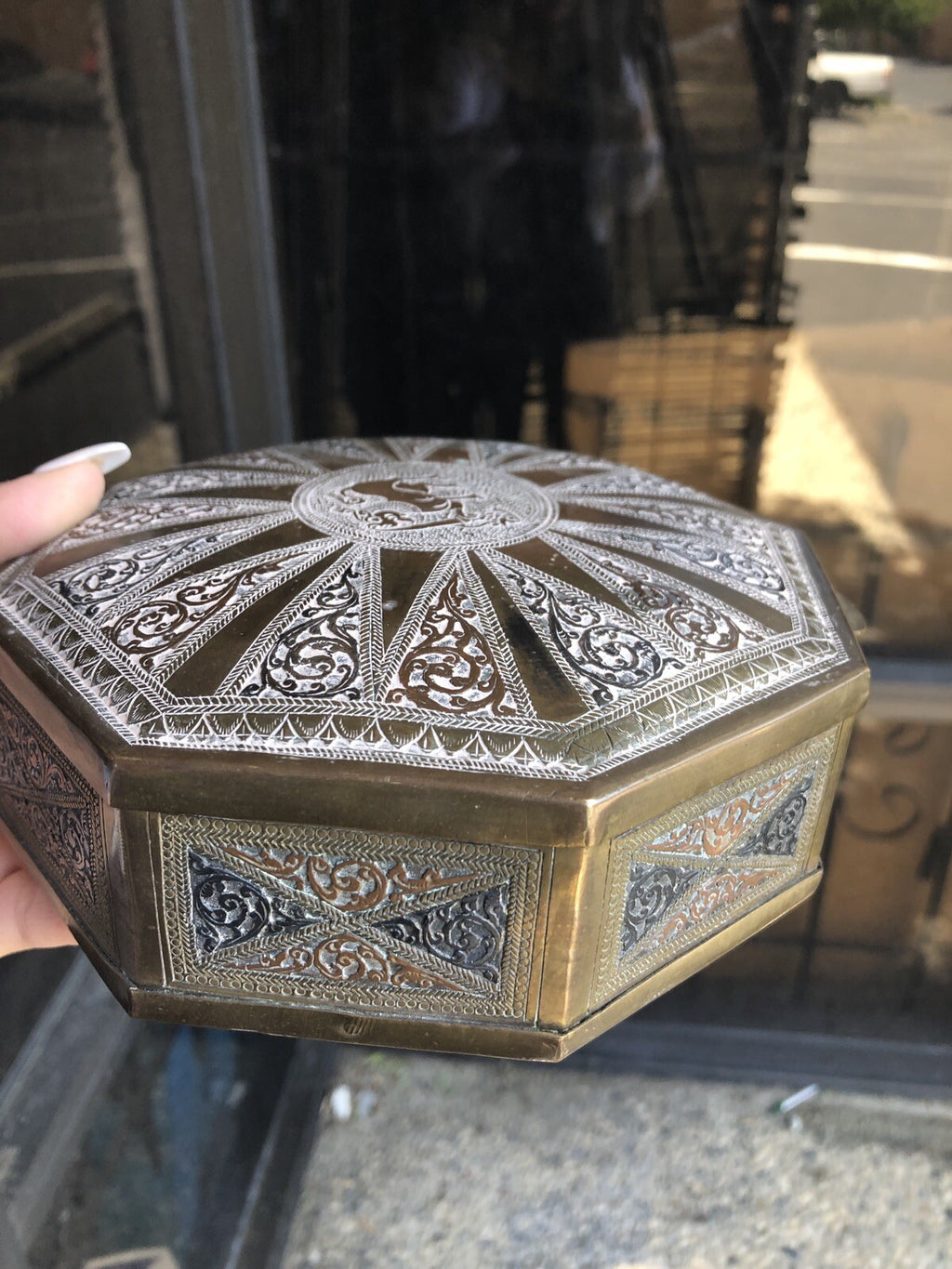 Antique Brass Asian Hexagon Box 7”x2” Jewelry Box5