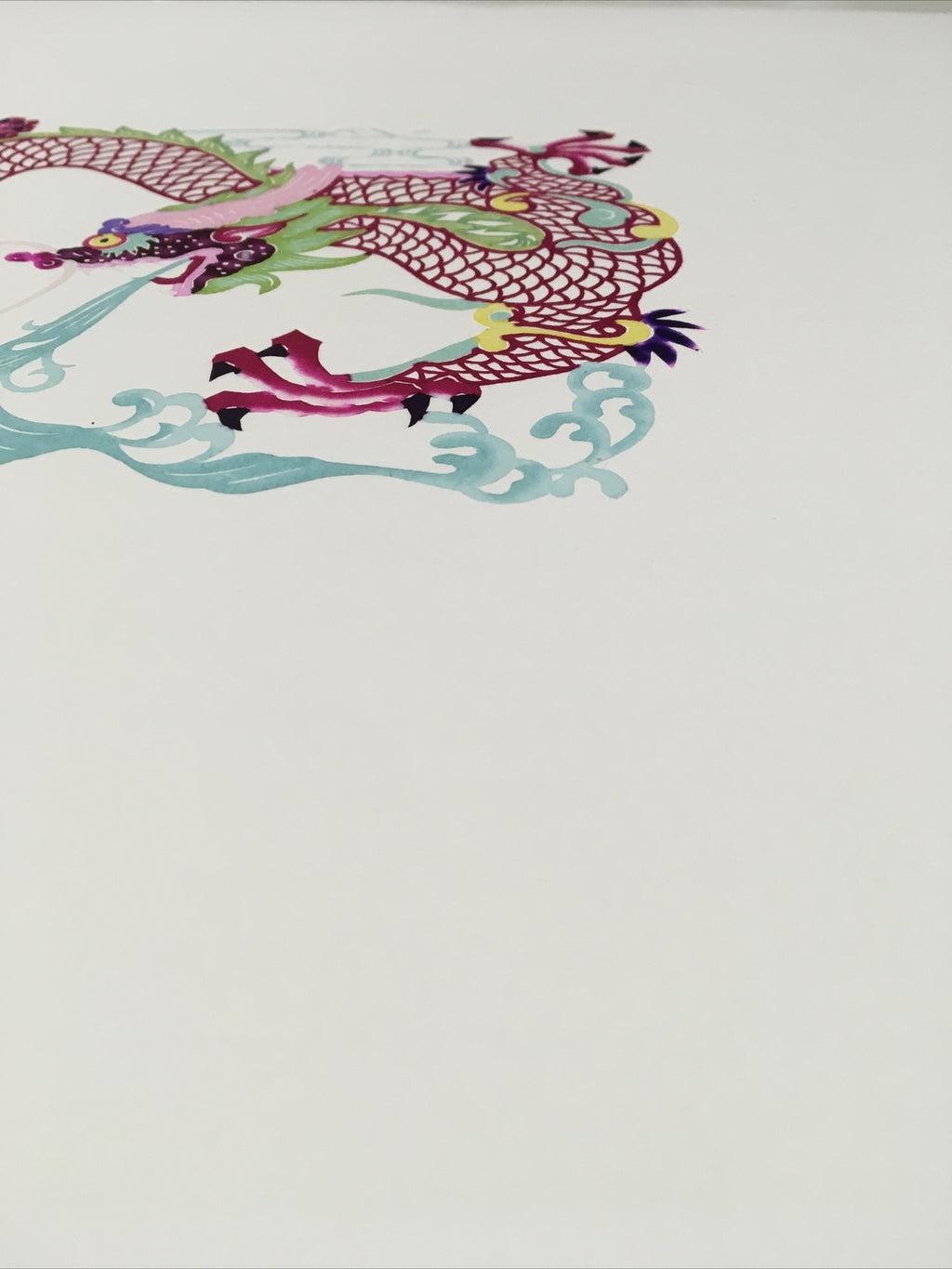 Antique Asian Chinese paper cut detailed Hand Colored Dragon/Long Blue Fire2