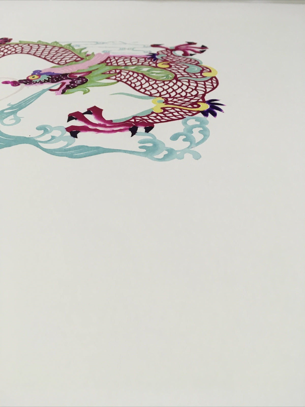 Antique Asian Chinese paper cut detailed Hand Colored Dragon/Long Blue Fire2