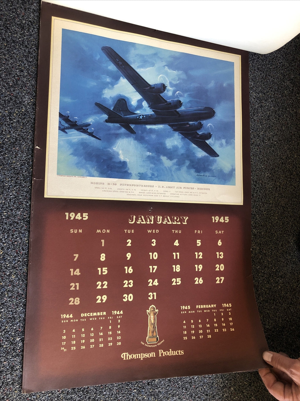 Rare 1945 Thompson Products Military Aviation Large Calendar WWII 26”X17”5