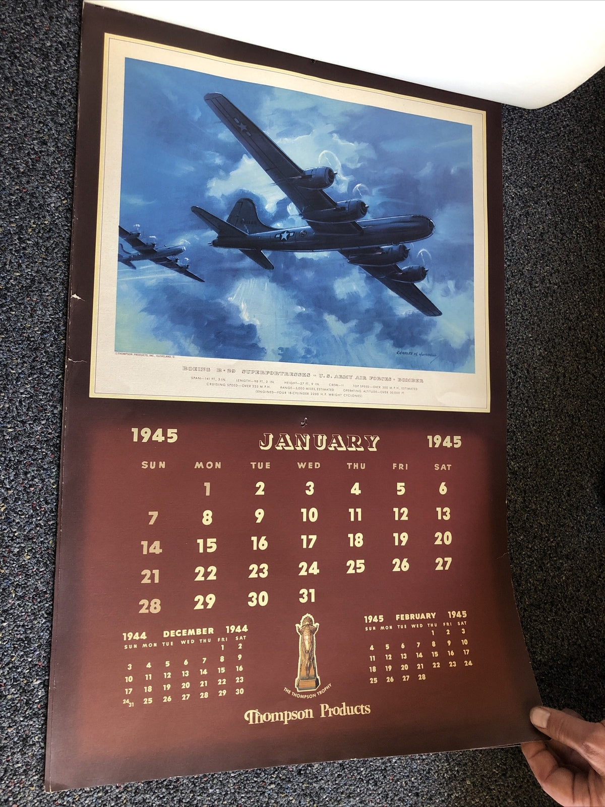 Rare 1945 Thompson Products Military Aviation Large Calendar WWII 26”X17”5