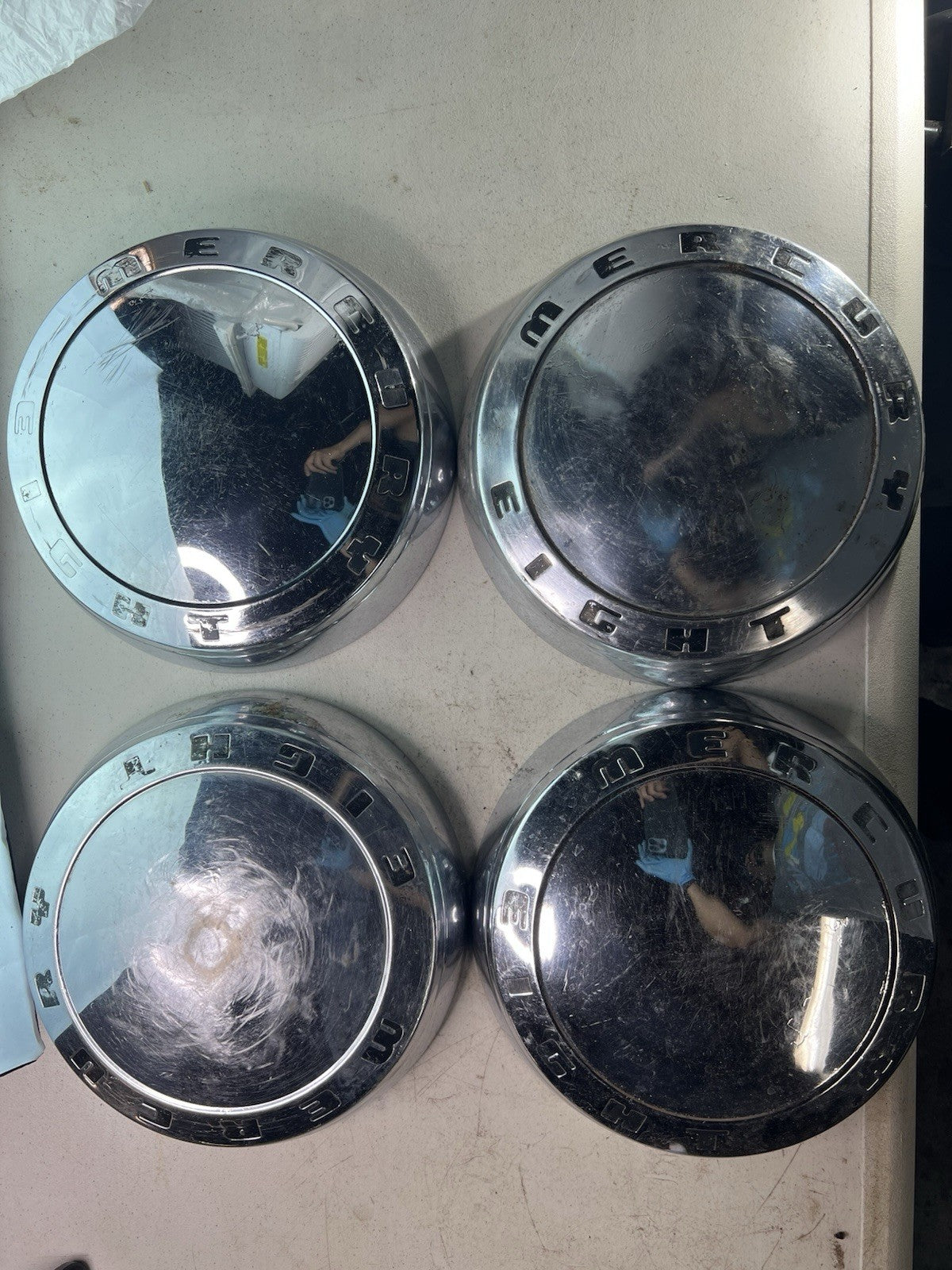 Vintage MERCURY EIGHT Chrome Hubcaps – Set of 4 – Rat Rod / Restoration Parts0
