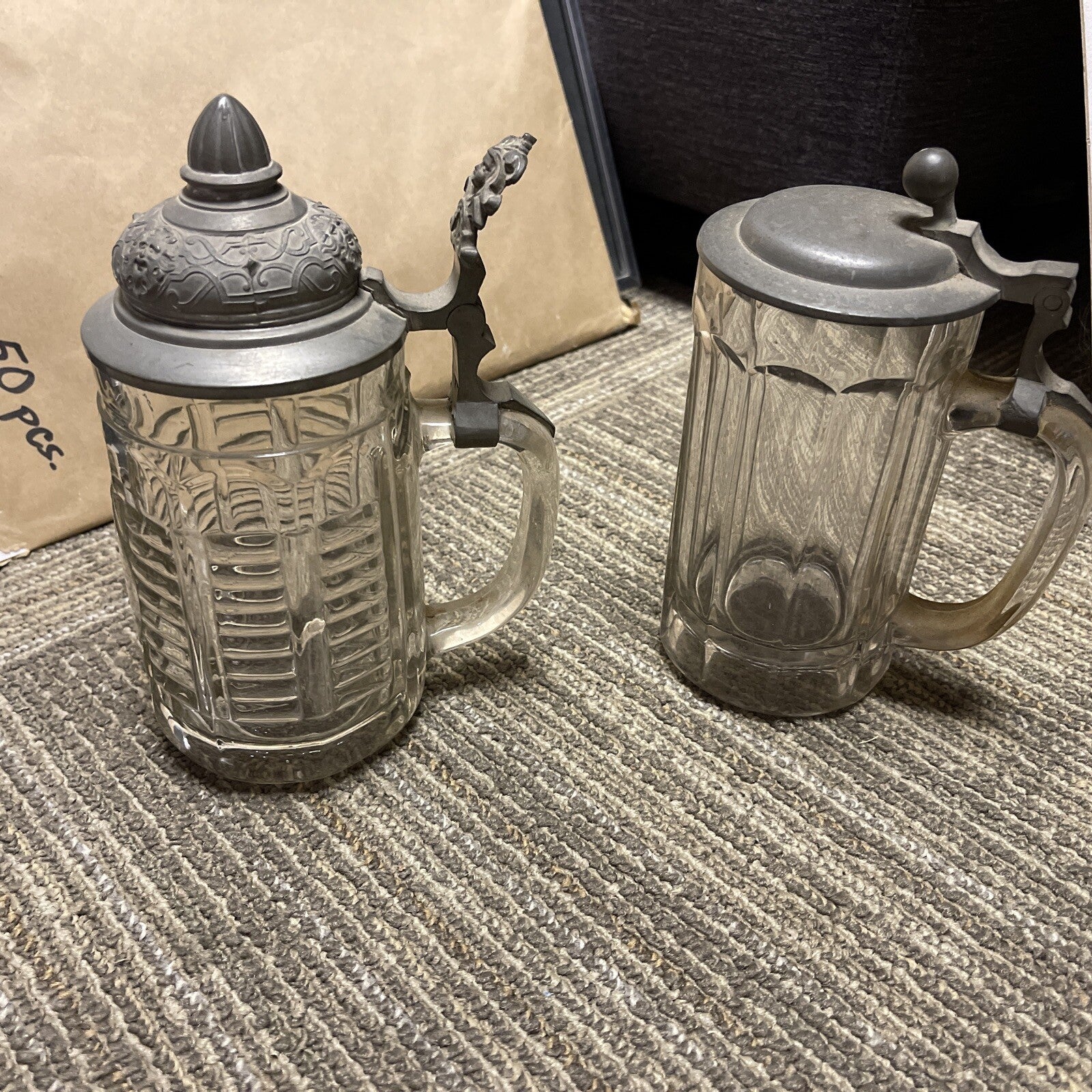 Antique lot of 2 Lidded Cut Glass Mug German Beer Stein pewter top0
