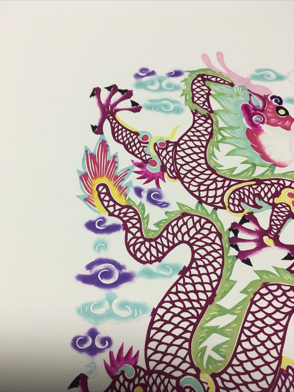 Antique Chinese paper cut detailed Hand Colored Dragon/Long With Pearl7